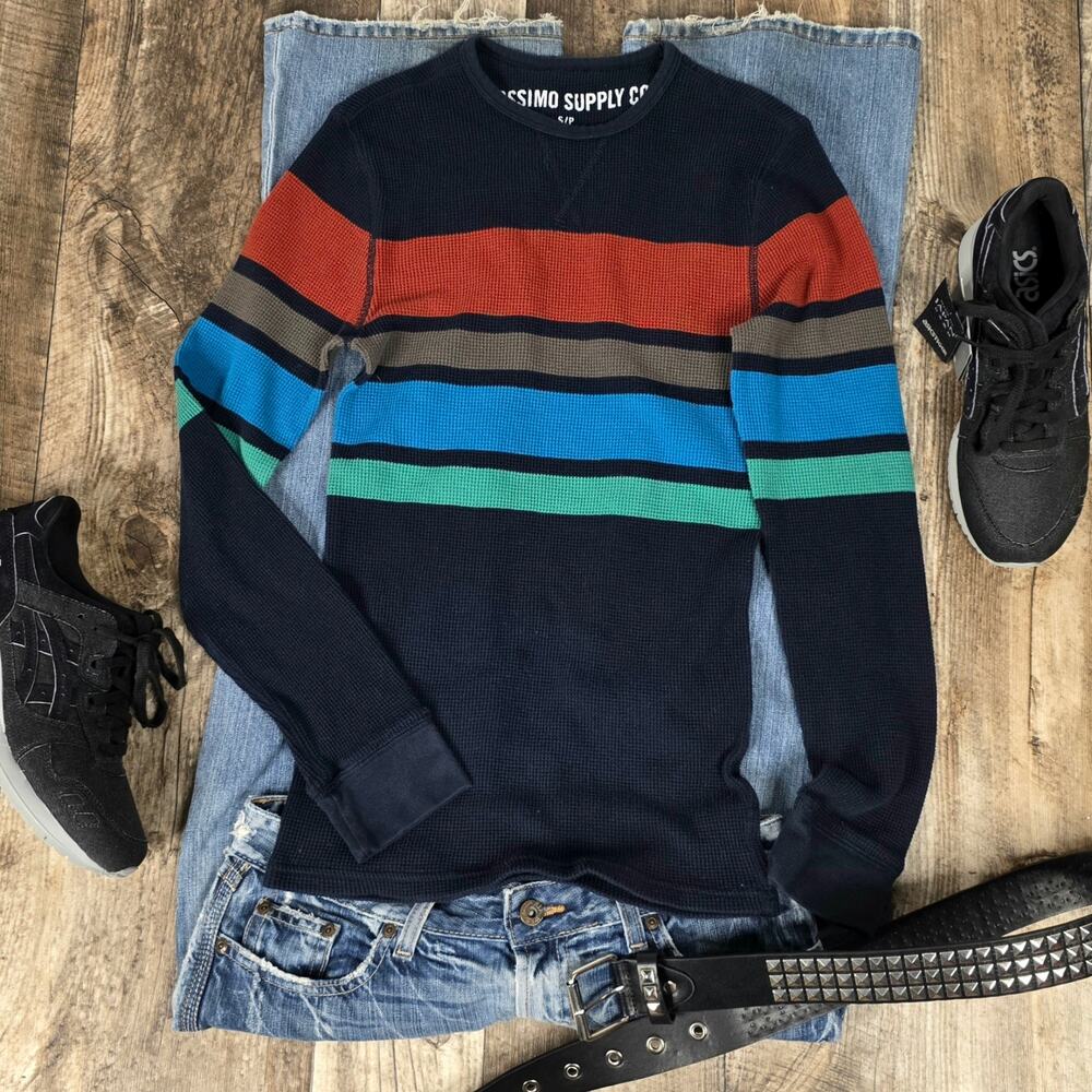 Striped Thermal Long Sleeve Shirt Navy Y2K Skater Grunge Small Mossimo